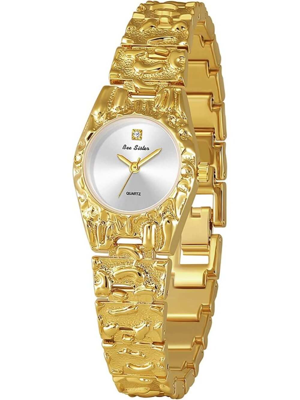 Women's Gold White Luxurious Textured Jewelry Chain Minimalist Dial Quartz Watch